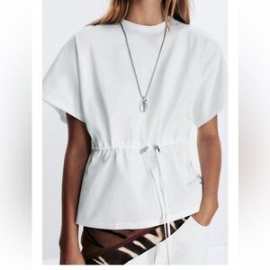 Zara NWT white heavy cotton tee shirt with drawstring waist peplum cinched waist